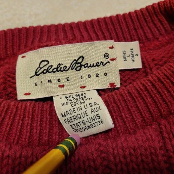 Vintage Eddie Bauer USA Made Red Knit Diamond Pattern Sweater Mens Size L Large - Picture 2 of 7